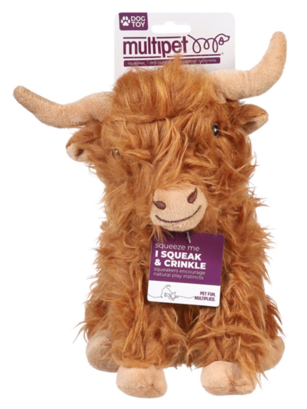 MULTIPET INTERNATIONAL Hairy Brown Highland Cow Dog Squeak Crinkle Toy NEW